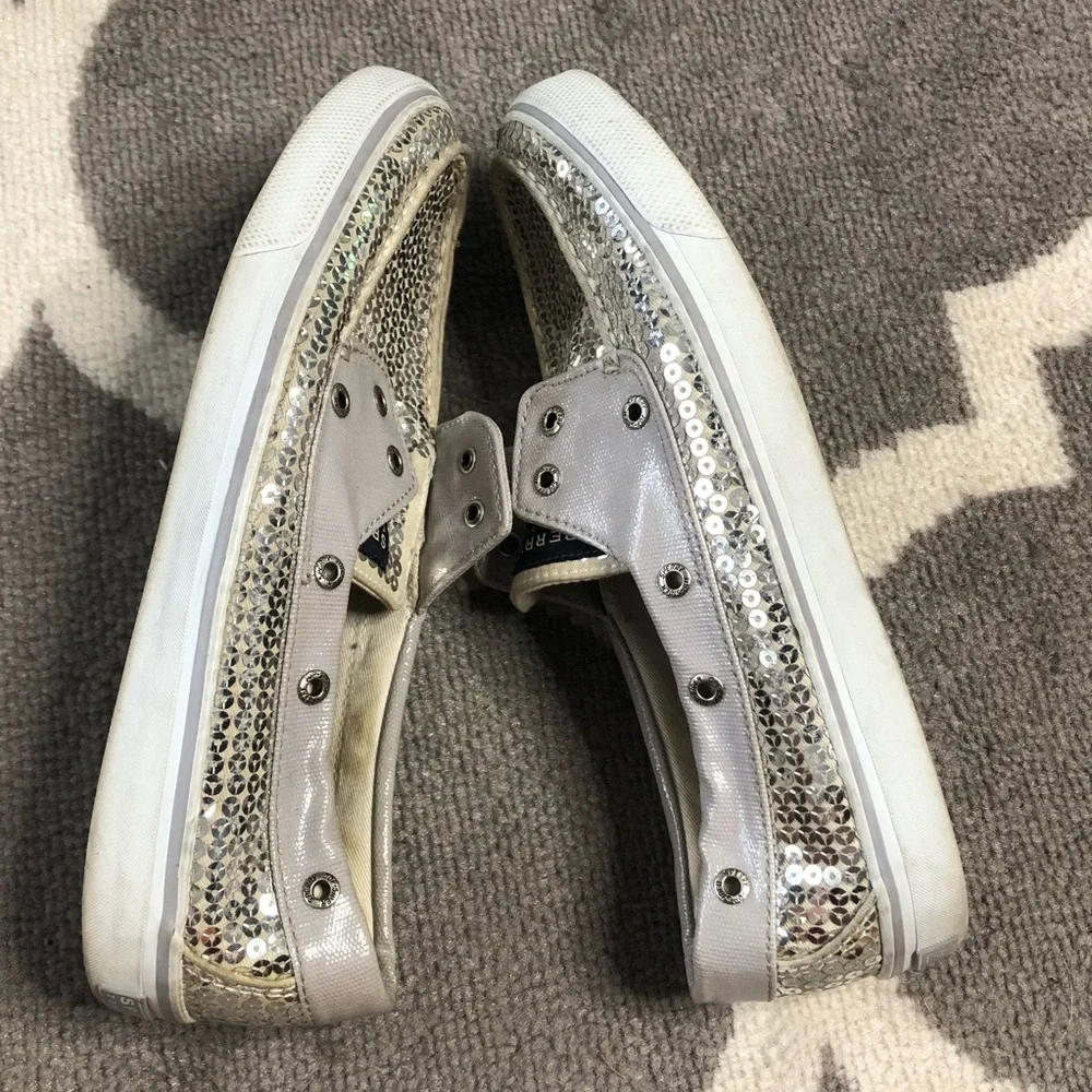Sperry Loafers Womens 8.5 Topsider Silver Sequin Lace Up Shoes
